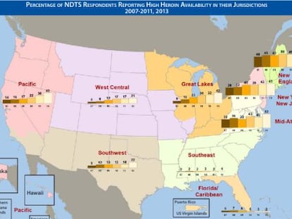 Mapa com a presença da heroína nos Estados Unidos