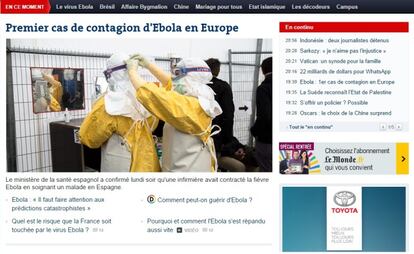 El diario 'Le Monde' abre su edición digital con la noticia de la sanitaria. Bajo el titular Premier cas de contagion d'Ebola en Europe (Primer caso de infección de ébola en Europa), el medio francés destaca que la sanitaria probablemente se infectó al tratar al misionero Manuel García Viejo, quien falleció el pasado 26 de septiembre en el hospital Carlos III.