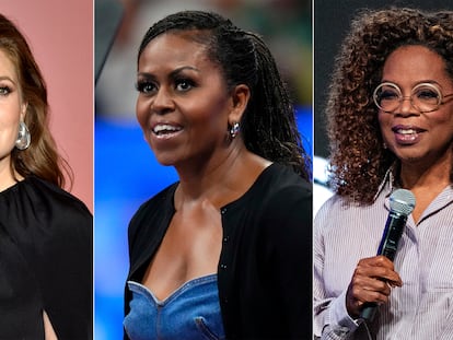 Drew Barrymore, from left, former first lady Michelle Obama and media mogul Oprah Winfrey