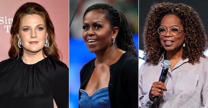 Drew Barrymore, from left, former first lady Michelle Obama and media mogul Oprah Winfrey