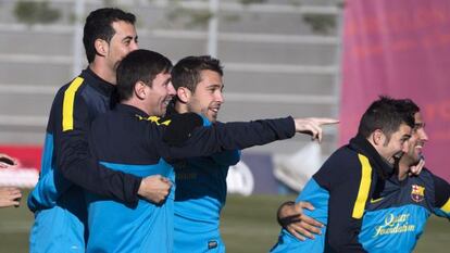 Messi, en el entrenamiento de ayer con los compañeros.