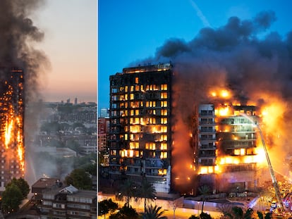 La Torre Grenfell de Londres, a la izquierda, durante el incendio de 2017. A la derecha, el bloque de viviendas incendiado el jueves en el barrio de Campanar, en Valencia.