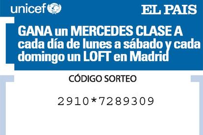 Los lectores deben enviar el código que se publicará a diario en la última página de EL PAÍS. El código (único por ejemplar) se ha de enviar por SMS o por llamada telefónica. El domingo 29 de octubre EL PAÍS indicará los números a los que se pueden enviar los mensajes SMS y las llamadas. Cuantas más llamadas o mensajes se realicen con el mismo código, más posibilidades habrá de obtener los premios señalados.