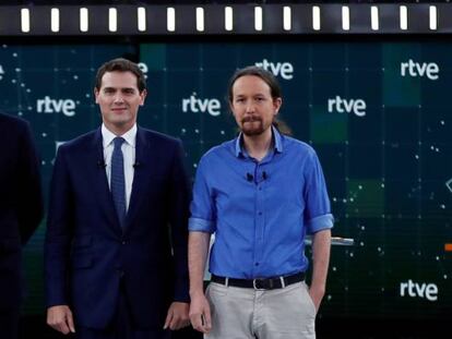 El líder del PP, Pablo Casado; el del PSOE, Pedro Sánchez; el de Ciudadanos, Albert Rivera; y el de Unidas Podemos, Pablo Iglesias, en el debate.