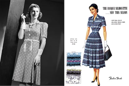 Vestido y figurín de la década de los 40.