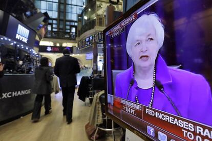 Presidenta do Fed, Janet Yellen, durante an&uacute;ncio da alta de juros. 