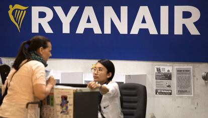 A Ryanair counter at Madrid Barajas airport.