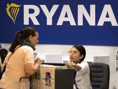 A Ryanair counter at Madrid Barajas airport.