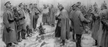 Tropas brit&aacute;nicas y alemanas celebrando la Navidad de 1914. 