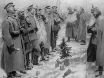 Tropas británicas y alemanas celebrando la Navidad de 1914.