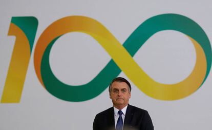 O presidente Jair Bolsonaro, na cerimônia dos 100 dias de Governo, em Brasília, nesta quinta-feira.