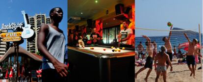 De izquierda a derecha, el restaurante Rockstar de Benidorm, el bar Café Rock Kentucky y la playa de Levante, con la isla de Benidorm, un curioso triángulo elevado en rampa, al fondo.