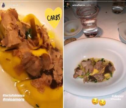 Las dos imágens que publicaron Hiba Abouk y Achraf Hakimi en su cena del domingo.