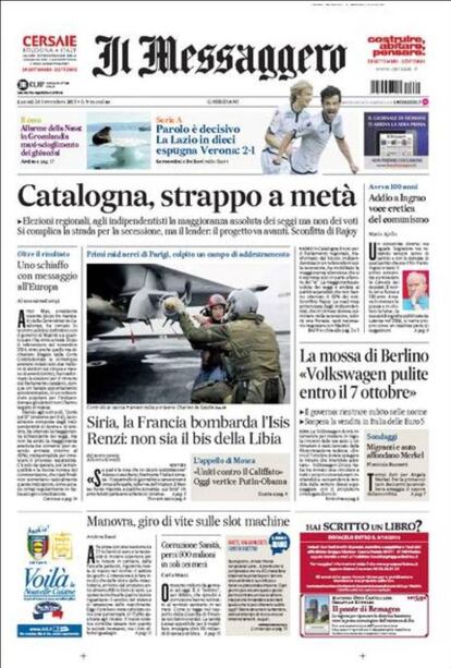 'Catalunya, trencada per la meitat', titula l'italià 'Il Messaggero'.