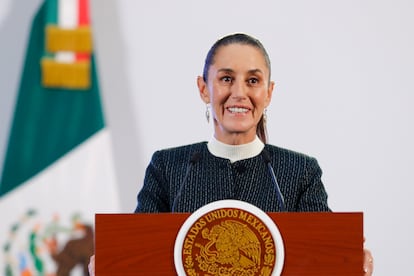 La presidenta Claudia Sheinbaum este jueves durante la conferencia matutina en el Palacio Nacional.