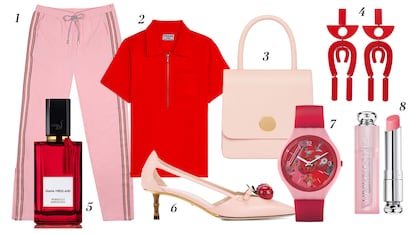 1. Asos Pantalones con raya lateral 2. Frame Top tipo polo 3. Mansur Gavriel Bolso de asa corta 4. Mango Pendientes XL 5. Diana Vreeland Perfume Perfectly Marvelous 6. Gucci Zapatos con detalle de cereza 7. Swatch Reloj combinado 8. Dior Exfoliante para labios.