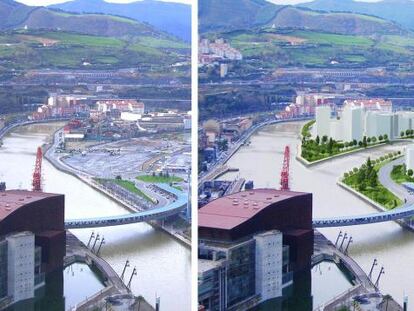 Estado actual de la zona en Zorrozaurre (izquierda) y cómo quedará tras la apertura del canal de Deusto.