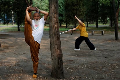 Hay cientos de estilos de lucha clasificados como Kung-fu, que ganó una gran popularidad gracias a las películas de Bruce Lee. En la imagen, el maestro Li practica Suogugong Kung-fu mientras su mujer Liang Xiaoyan (d) practica Qigong en un parque de Pekín.