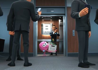 Un plano clave del corto 'Purl': la protagonista llega a su nueva empresa, donde ella es la única mujer.