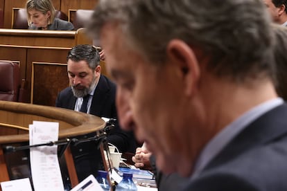 El líder de VOX, Santiago Abascal, y el del PP, Alberto Núñez Feijóo, en la bancada del Congreso, en marzo pasado. Feijóo propone un visado por puntos para inmigrantes condicionado a trabajos donde “falta mano de obra” y con una “cultura” próxima.