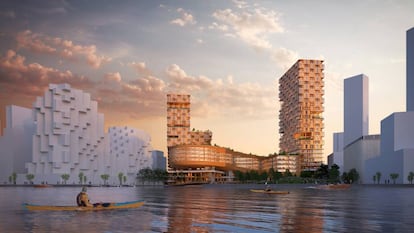 Sidewalk Labs está ensayando para Quayside los edificios en altura hechos de madera en masa, tan resistente como el acero o el hormigón, y yeso Shikkui, elaborado con algas y cáscaras de huevo. Imagen de la ciudad vista desde el puerto. |