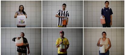 A combo shows people posing with a canisters with gasoline after filling it at a gas station in the outskirts of Brasilia