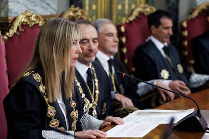 Isabel Perelló durante su toma de posesión como presidenta del Tribunal Supremo y del Consejo General del Poder Judicial, este miércoles en Madrid.