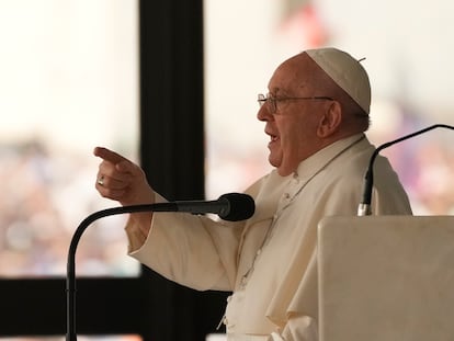 Pope Francis addresses the faithful after praying the rosary at the Catholic holy shrine of Fatima, in central Portugal, Saturday, Aug. 5, 2023.