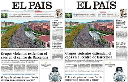 Portades d'EL PAÍS de l'edició Catalunya i Madrid del dia 19 d'octubre.