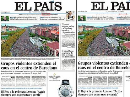 Portadas de EL PAÍS de la edición Cataluña y Madrid del día 19 de octubre.