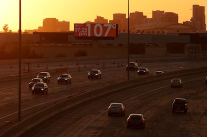 An electronic billboard shows the temperature above 100 degrees in Phoenix, Arizona, on June 5, 2024.