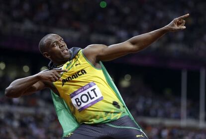 Usain Bolt celebrando su victoria en los 100 metros