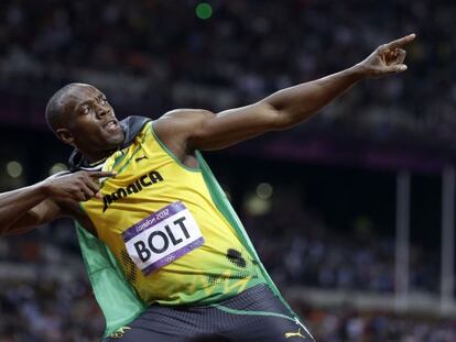 Usain Bolt celebrando su victoria en los 100 metros