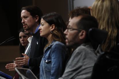 El secretario general de Unidas Podemos, Pablo Iglesias, interviene en la sede de su partido tras conocerse los resultados electorales.