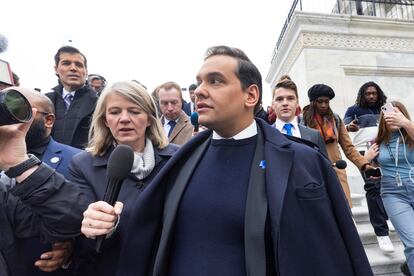 Republican Representative of New York George Santos departs the U.S. Capitol after the House voted to expel him from Congress in Washington, December 1, 2023.