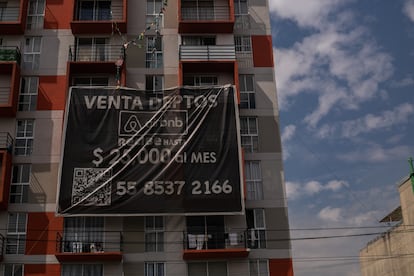 A sign advertising property sales for Airbnb rentals in Mexico City. 