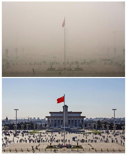 BEIJING, CHINA - DECEMBER 02: In this composite of two separate images, Tiananmen Square is seen in heavy pollution, top, on December 1 and 24 hours later under a clear sky on December 2, 2015 in Beijing, China. Until a strong north wind arrived late Tuesday, China's capital and many cities in the northern part of the country recorded the worst smog of the year on November 30 and December 1, 2015 with air quality devices in some areas unable to read such high levels of pollutants. Levels of PM 2.5, considered the most hazardous, crossed 600 units in Beijing, nearly 25 times the acceptable standard set by the World Health Organization. The governments of more than 190 countries are meeting in Paris this week to set targets on reducing carbon emissions in an attempt to forge a new global agreement on climate change.(Photo by Kevin Frayer/Getty Images)