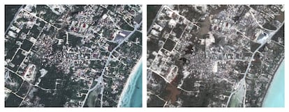 Imagen de satélite de la Islas Turcas y Caicos, el 1 de enero de 2016 y el 10 de septiembre de 2017, tras el paso del huracán Irma.