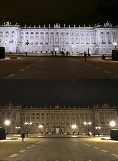 El Palacio Real de Madrid antes y durante La Hora del Planeta. 