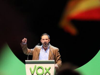 Santiago Abascal, presidente de Vox, durante un mitin en el Palacio de Vistalegre.