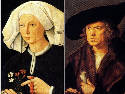 De izquierda a derecha, <i>Retrato de Levinus Memminger</i> (1485), de Michael Wolgemut; <i>Retrato de una mujer</i> (1480), anónimo; <i>Retrato de un hombre no identificad</i>o (1521), de Alberto Durero.
