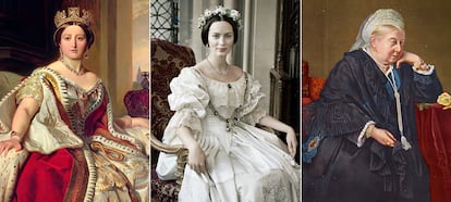 En el centro, Emily Blunt interpretando a la reina Victoria. A los lados, retratos de la monarca.