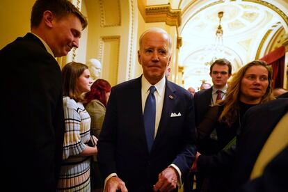 President Joe Biden talks with people after the State of the Union address to a joint session of Congress at the Capitol, Tuesday, Feb. 7, 2023, in Washington.