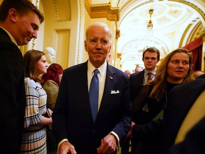 President Joe Biden talks with people after the State of the Union address to a joint session of Congress at the Capitol, Tuesday, Feb. 7, 2023, in Washington.