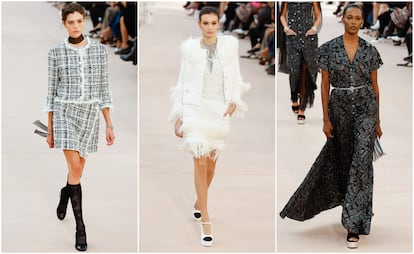 Tres de las propuestas de la nueva colección de Chanel, presentadas durante su desfile en la semana de la moda de París, el 1 de octubre de 2024.