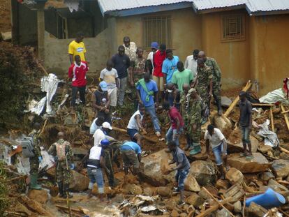 Grupos de voluntarios buscan cuerpos tras el corrimiento de tierras en las afueras de Freetown, la capital de Sierra Leona. Los supervivientes se hacen a la idea de que la inmensa mayoría de los cerca de 600 desaparecidos (si no todos) han fallecido.