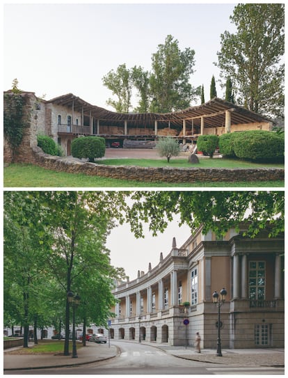 A sobre, Cabanya del Mas Massegur, Sant Privat d'en Bas. A sota, Plaça de Manuel Malagrida, Olot