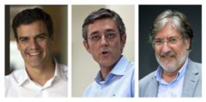 Fotografías de los candidatos oficiales a secretario general del PSOE, Pedro Sánchez, Eduardo Madina y José Antonio Pérez Tapias