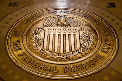 The seal of the Board of Governors of the United States Federal Reserve System is displayed in the ground at the Marriner S. Eccles Federal Reserve Board Building in Washington, Feb. 5, 2018.