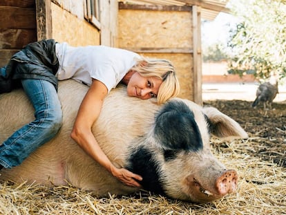 Laura Luelmo, responsável pelo santuário de animais da fazenda Wings of Heart, em Madri, e o porco Baku.